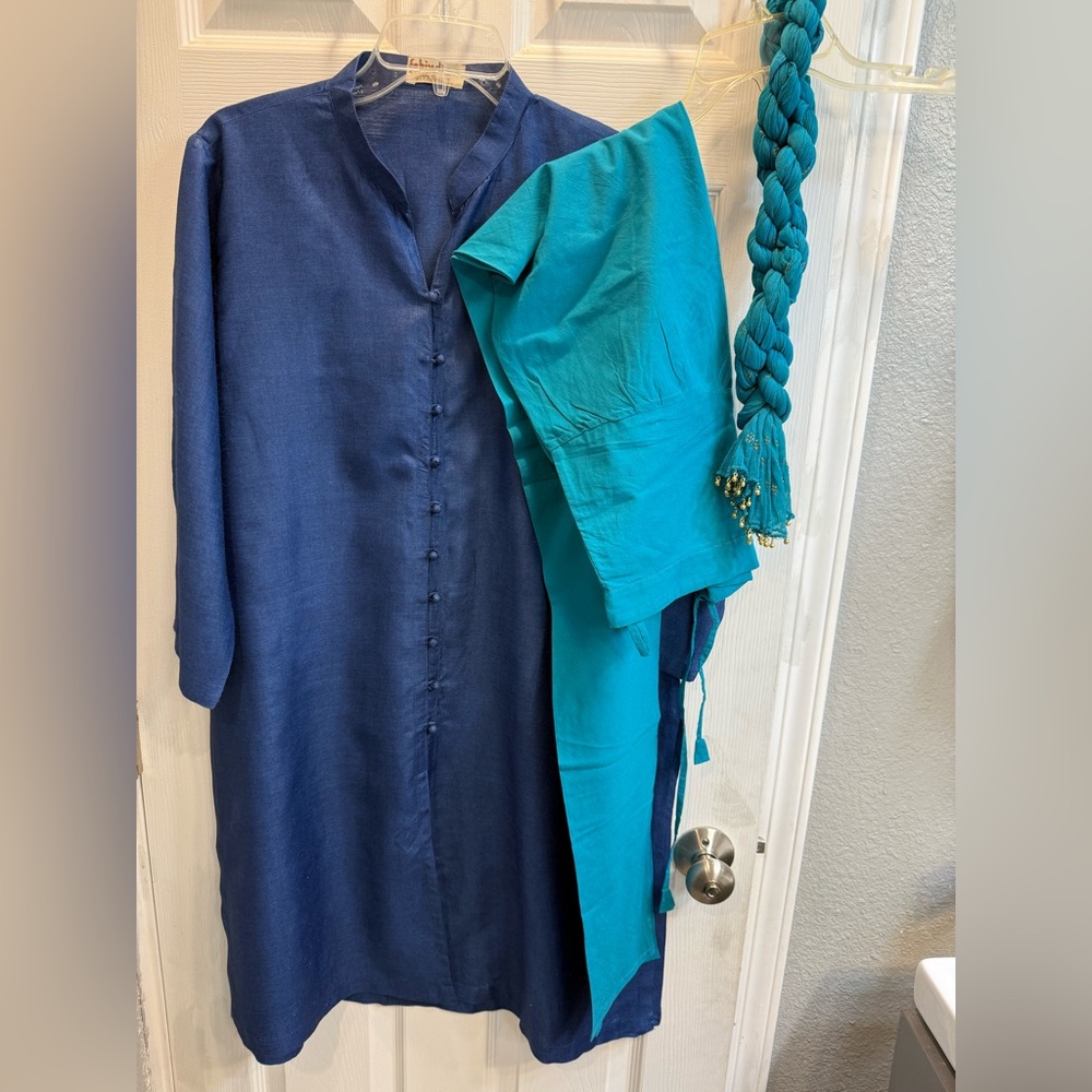 Indian Punjabi Pakistani silk kurta 3 pc suit Fabindia Blue Ethnic Garment